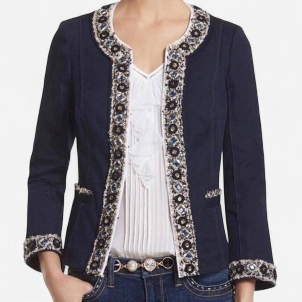 White House Black Market Beaded Jacket Women 12 Navy Embroidered